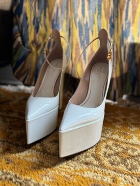 Valentino Cream Patent Platform Pumps with Ankle Strap